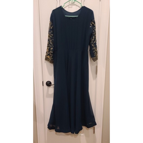 Gayatri Art Teal w/Gold Beadwork Anarkali-Style Dress – XL (ish) – Made in India - Picture 2 of 9